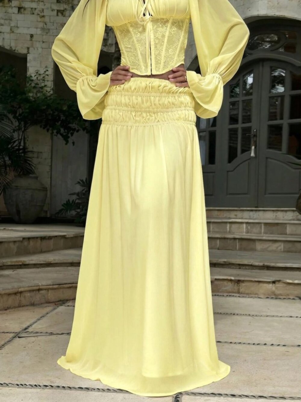 Yellow Smocked Waist Flowy Maxi Skirt